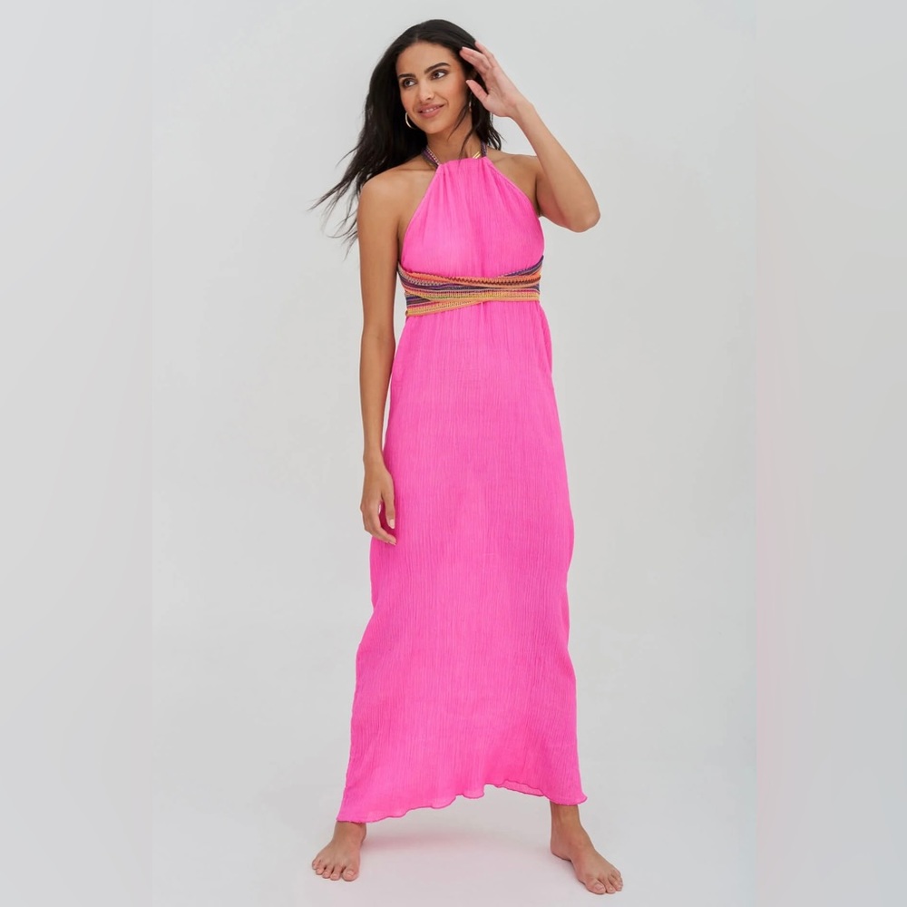 NWT pitusa hot pink crinkle maxi dress or coverup -size standard fits US 6-14